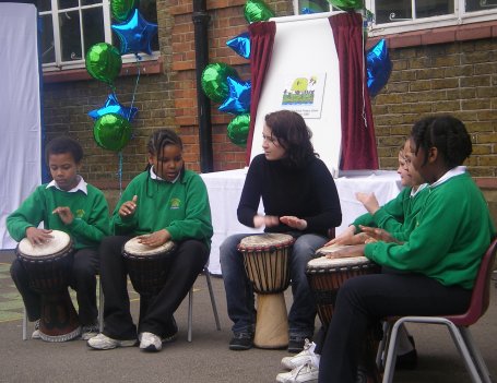 Drummers beat out a mean rhythmn Drummers beat out a mean rhythmn